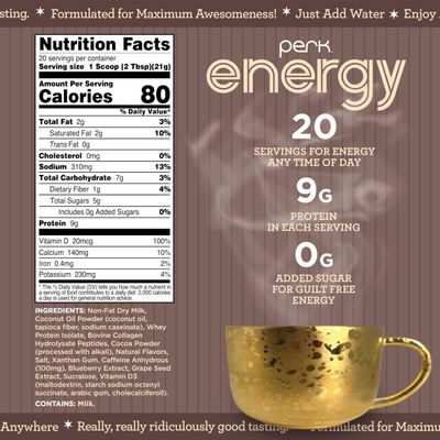 Perk Energy Original Dark Chocolate Salted Caramel Pretzel (20 Servings) - Gluten Free, Soy Free, Peanut Free