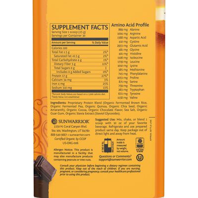 Sunwarrior Vegan Organic Protein Powder Plant-Based | 5 Superfood Quinoa Chia Seed Soy Free Dairy Free Gluten Free Synthetic Free Non-GMO | Chocolate 30 Servings | Classic Plus