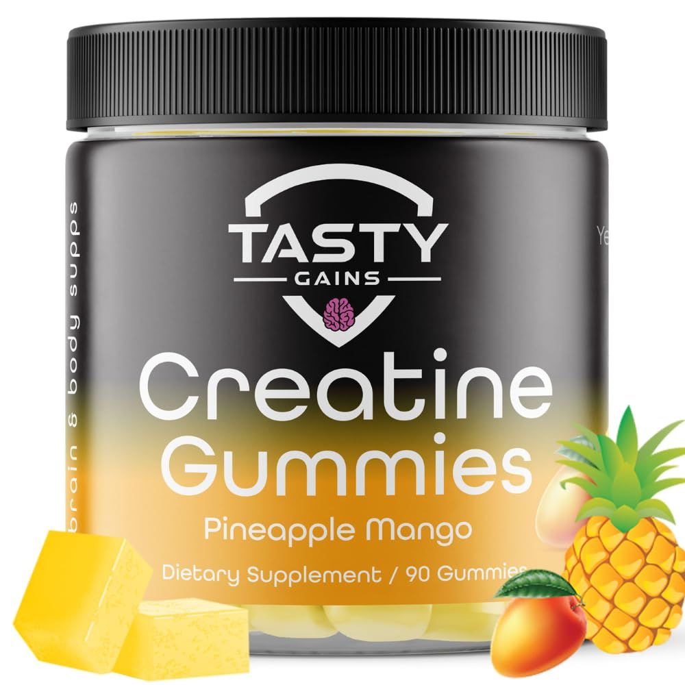 TASTY GAINS Creatine Infused Gummies, 90g of Creatine, Non-GMO, Vegan - Build Muscle &amp; Boost Strength for Men &amp; Women (1g Creatine Monohydrate Per Gummy) Made in USA (Large, Pineapple Mango)