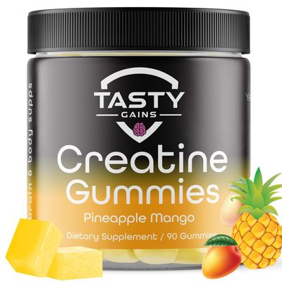 TASTY GAINS Creatine Infused Gummies, 90g of Creatine, Non-GMO, Vegan - Build Muscle &amp; Boost Strength for Men &amp; Women (1g Creatine Monohydrate Per Gummy) Made in USA (Large, Pineapple Mango)