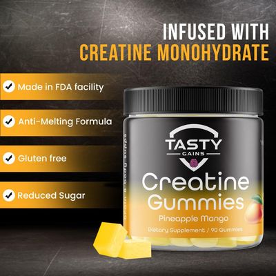 TASTY GAINS Creatine Infused Gummies, 90g of Creatine, Non-GMO, Vegan - Build Muscle & Boost Strength for Men & Women (1g Creatine Monohydrate Per Gummy) Made in USA (Large, Pineapple Mango)