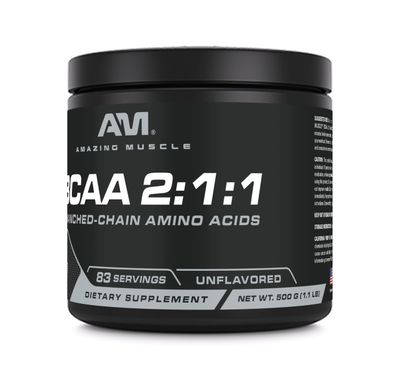 Amazing Muscle BCAA Amino Supplement | 2:1:1 Branched Chain Amino Acid Ratio | Unflavored | Net Weight 500 Grams (1.1 Lb) | Non-GMO | Gluten-Free | Made in USA