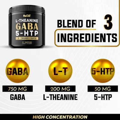 NUQIIT 3in1 GABA Supplements 750mg L-Theanine 200mg & 5-HTP (5-hydroxytryptophan) - Equivalent to 1000mg - Support Brain Health, Concentration, Comfortable Mood - 90 Capsules