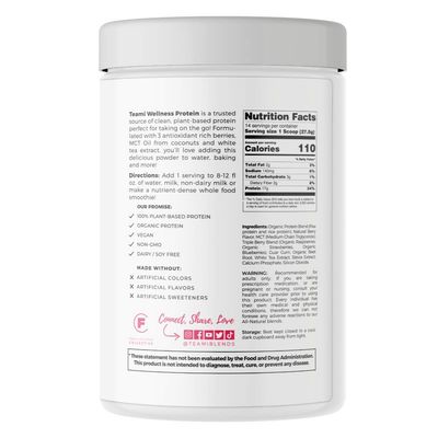 Teami Vegan Protein Powder with Organic Ingredients - Smooth Plant Based Pea Protein Powder with Low Net Carbs, Non-GMO, Dairy Free, Soy Free, No Sugar Added - Triple Berry (14 Servings, 13.6 Ounce)