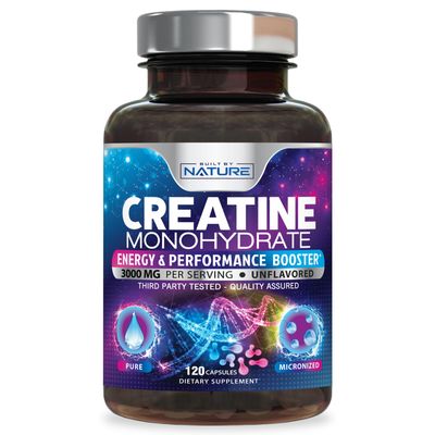 Built by Nature Creatine Monohydrate Pills - Micronized Creatine Supplement for Men &amp; Women - Muscle Strength, Energy, Endurance, and Recovery - Gluten-Free, Vegan, Non-GMO - 120 Capsules