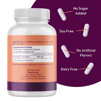 BESTVITE N-Acetyl L-Tyrosine 350mg (NALT) (240 Capsules) (120 x 2) - No Stearates - Non GMO - Gluten Free