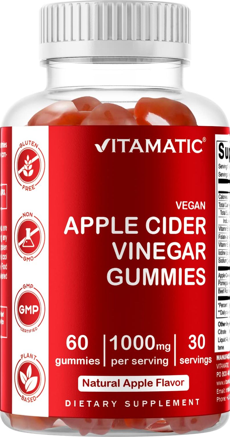 Vitamatic Apple Cider Vinegar Gummies - 1000mg per Serving - 60 Vegan Gummies - ACV Gummies for Detox, Weight Loss Support, Energy Boost, Digestion &amp; Gut Health