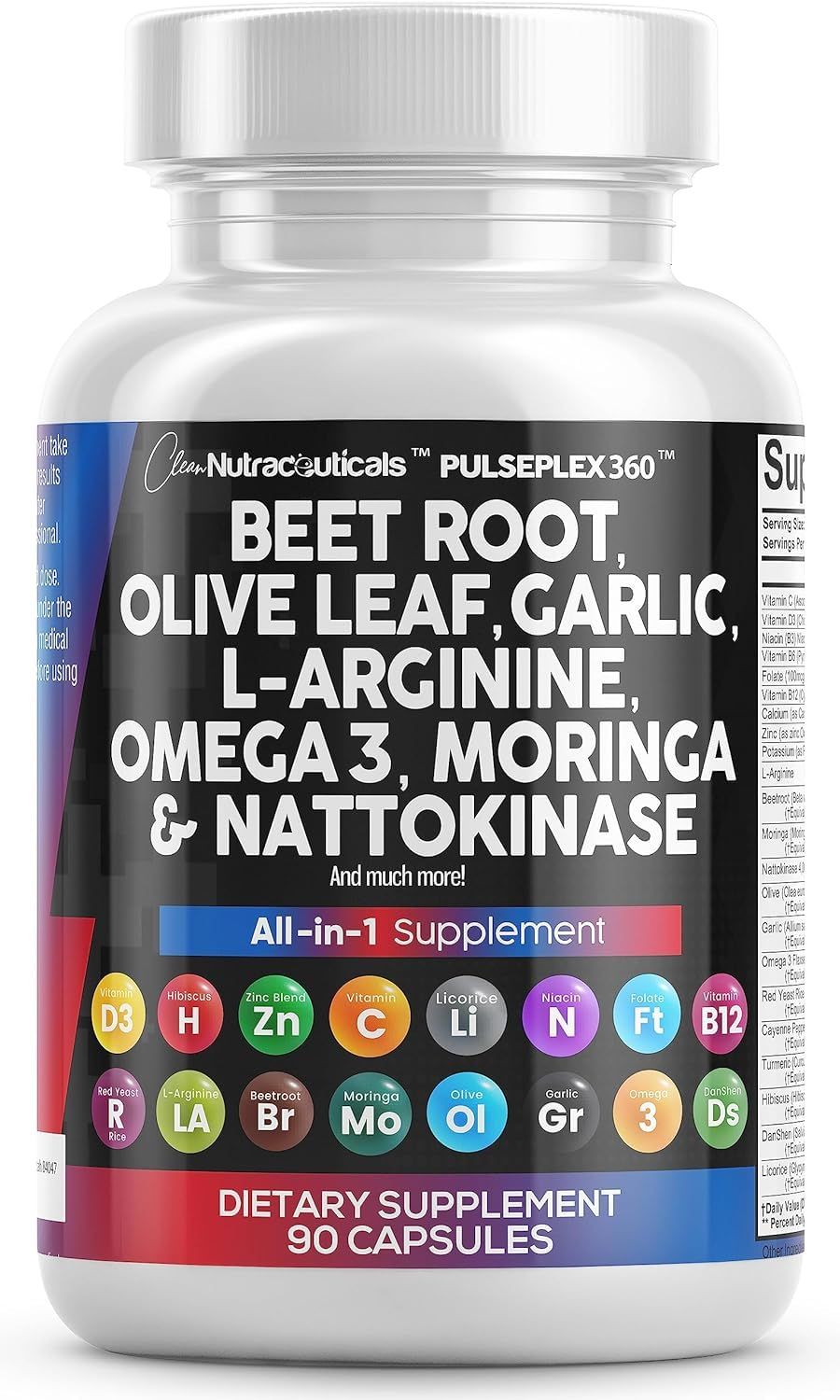 Clean Nutraceuticals Beet Root Capsules 6000mg Olive Leaf 6000mg Nattokinase 4000 FU Garlic Extract 2000mg L-Arginine 400mg Omega 3 Red Yeast Rice Hibiscus Danshen - Healthy Support Supplement - 90 Ct