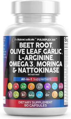 Clean Nutraceuticals Beet Root Capsules 6000mg Olive Leaf 6000mg Nattokinase 4000 FU Garlic Extract 2000mg L-Arginine 400mg Omega 3 Red Yeast Rice Hibiscus Danshen - Healthy Support Supplement - 90 Ct
