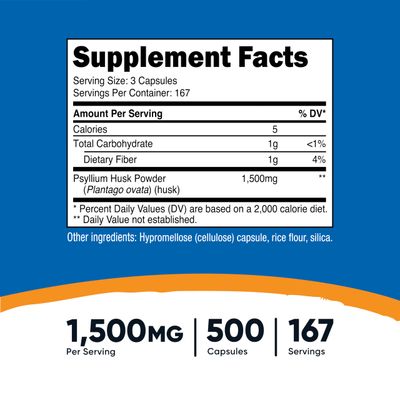Nutricost Psyllium Husk 1500mg Per Serving, 500 Capsules - Non-GMO &amp; Gluten Free