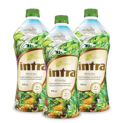 Intra Lifestyles Herbal Juice Drink - Botanical Beverage for Immune Support, Detox, Digestive &amp; Cardiovascular Health - 23 Botanical Extracts - Made in Canada Trio Pack (950 mL /32 fl oz Each)
