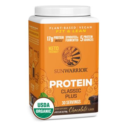 Sunwarrior Vegan Organic Protein Powder Plant-Based | 5 Superfood Quinoa Chia Seed Soy Free Dairy Free Gluten Free Synthetic Free Non-GMO | Chocolate 30 Servings | Classic Plus