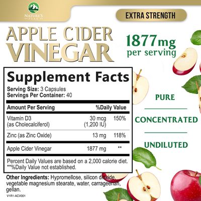 Apple Cider Vinegar Capsules - Extra Strength ACV Supplement with Vitamin D3 & Zinc for Energy, Digestion & Immune Support Balance - Non-GMO, Gluten-Free ACV Pills for Detox & Cleanse - 120 Capsules