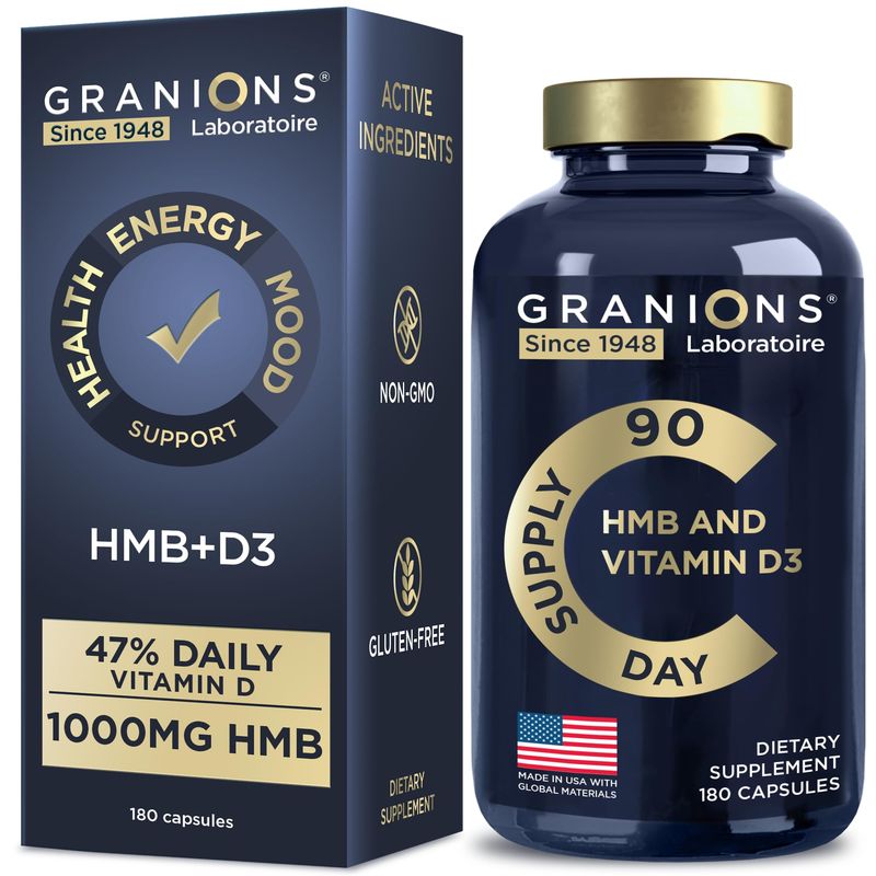 Granions Vitamin D3 HMB Supplements - 1000 MG HMB Pre Workout and Recovery - 90 Servings