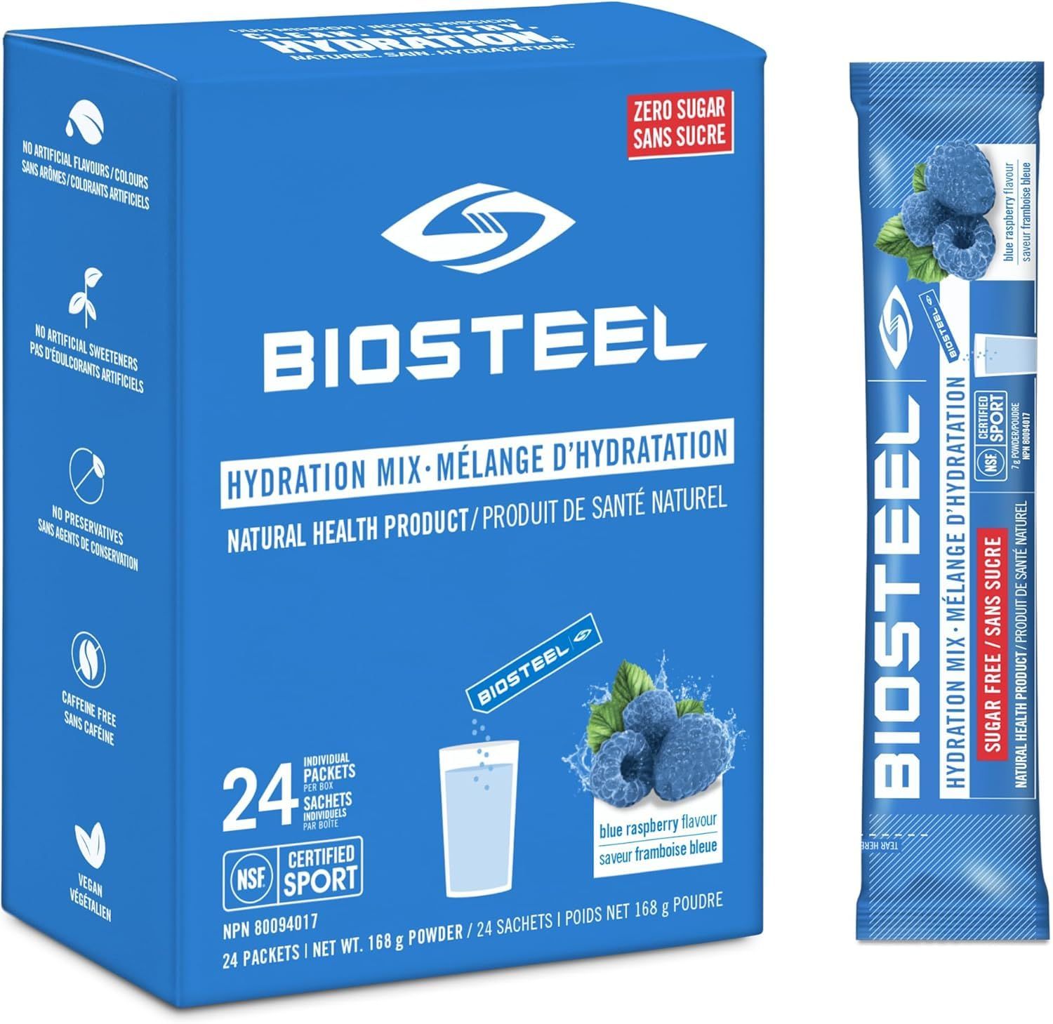 BIOSTEEL Hydration Mix, Sugar-Free with Essential Electrolytes, Blue Raspberry, 24 Single Serving Packets