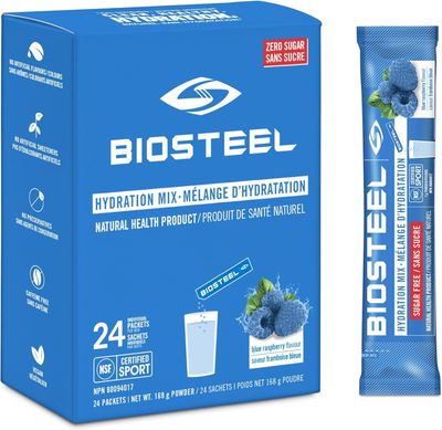 BIOSTEEL Hydration Mix, Sugar-Free with Essential Electrolytes, Blue Raspberry, 24 Single Serving Packets