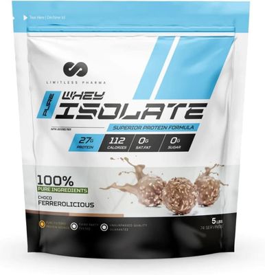 Limitless Pharma Pure Whey Isolate | High Protein Whey Isolate Protein Powder | 27g Protein, 6g BCAAs, Sugar Free, Gluten Free, Low Carb, Low Lactose | 74 Servings, 5LB (Choco Ferrerolicious)