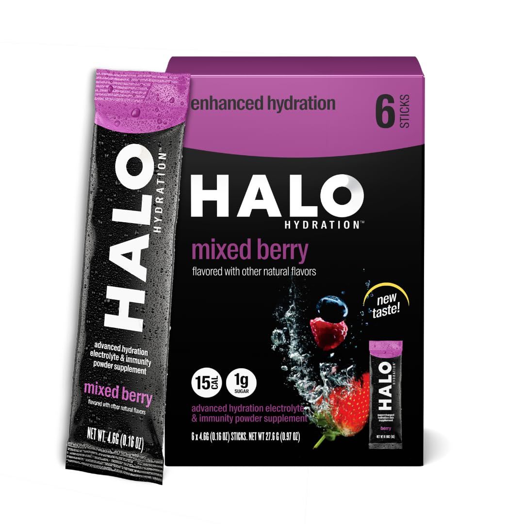 HALO Hydration - Electrolyte Drink Mix | Hydration Powder Packets | Berry Flavor - For Sports and Cycling | Easy Open Single Serving Stick | 6 Sticks