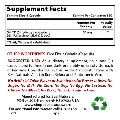 Best Naturals 5-HTP 50 mg 120 Capsules, 5 HTP Capsules Supports Relaxation &amp; restful Sleep