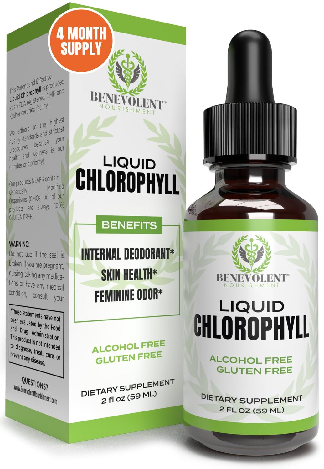 Benevolent Chlorophyll Liquid Drops - Organic Detox &amp; Immune Support, Internal Deodorizer &amp; Skin Health Supplement, Non-GMO, 4 Month Supply, Natural Mint Flavor
