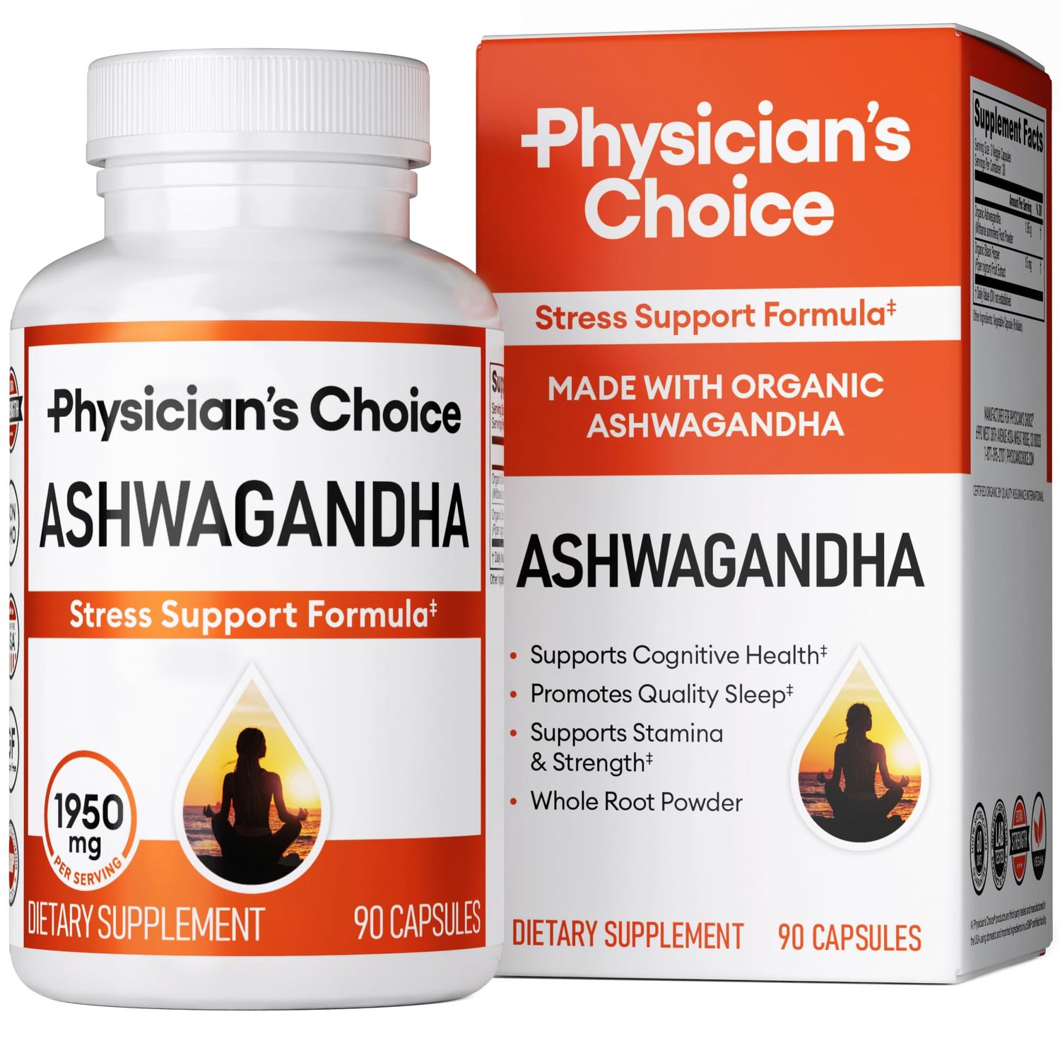Physician&#39;s CHOICE Ashwagandha Supplement - 1950mg of Bioavailable Organic Ashwagandha Root Powder - Black Pepper Extract, Stress Support, Mood Support Supplement, 90 Veggie Ashwagandha Capsules