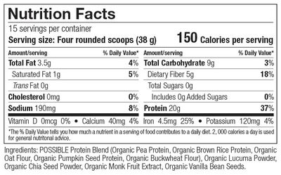 Possible Protein Powder Vanilla Bean - 20g of Vegan, Plant-Based Protein Mix - Non-GMO, Non-Dairy, Gluten-Free - 3.5g of BCAAs - 9 Essential Amino Acids - 15-Day Supply - 1 Bag, 15 Servings