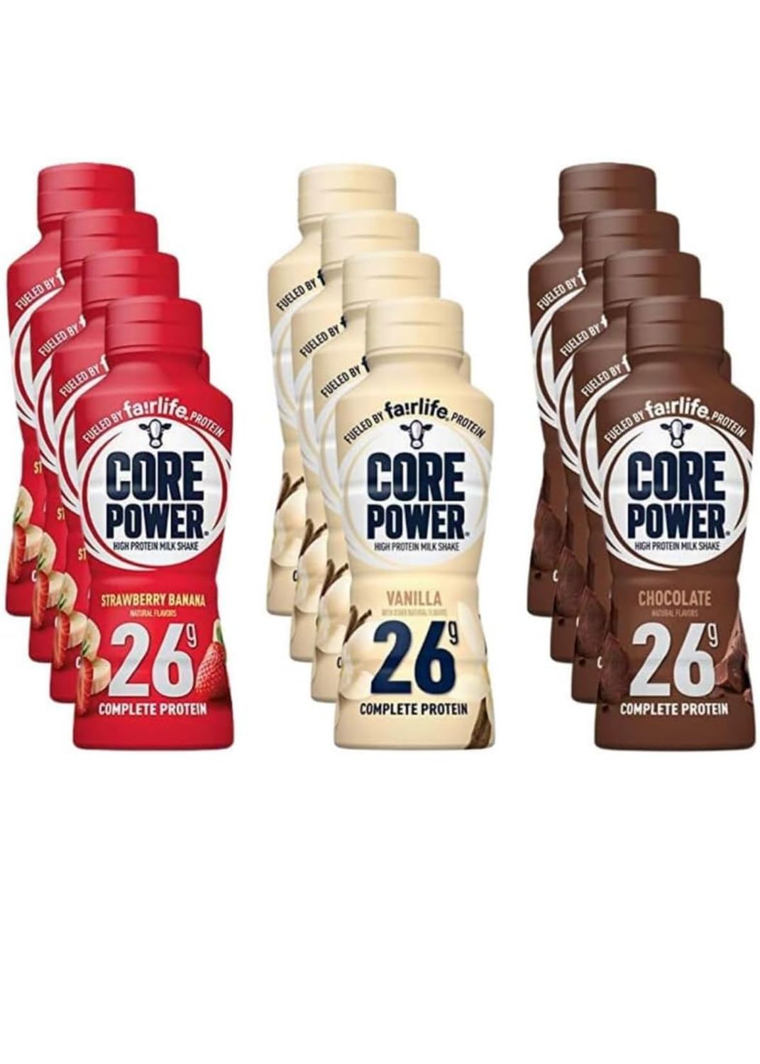 Core Power 26g High Protein Milk Shakes Variety 12 Pack 14 Fl Oz- Vanilla, Chocolate, Strawberry Bananna - Ready to Drink for Workout Recovery in Baxter Express packaging