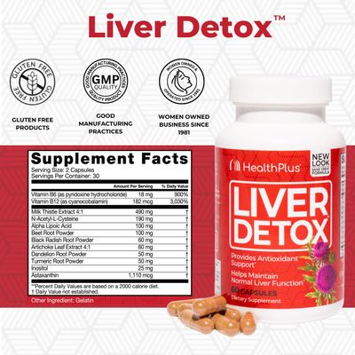 Health Plus, Liver Detox, Natural Herbal Liver Support &amp; Detox Supplement with Milk Thistle, Dandelion and Turmeric Root, 60 capsules