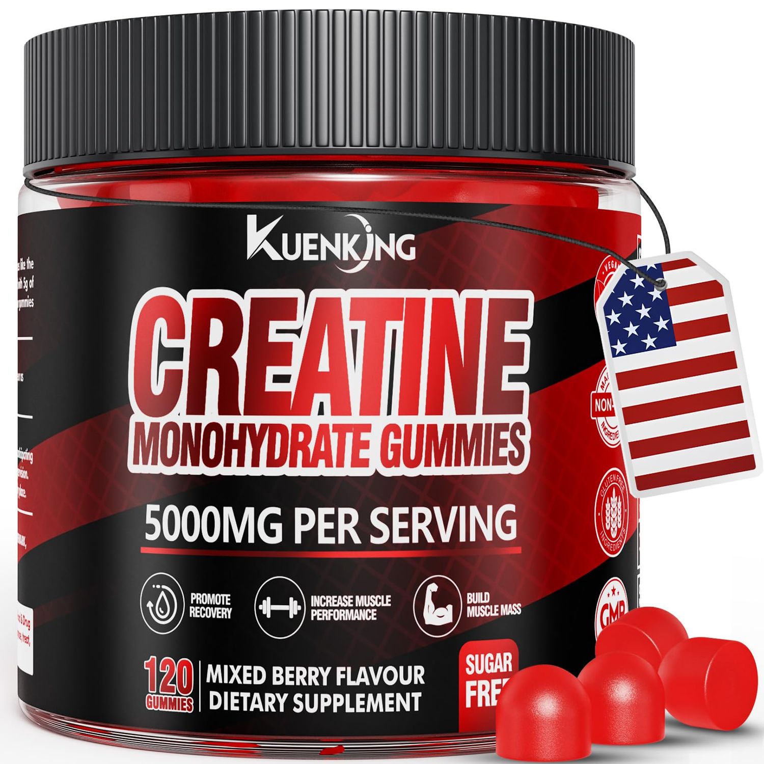 KuenKing Creatine Monohydrate Gummies 5g for Men &amp; Women - 120 Vegan, Sugar-Free Creatine Monohydrate with Taurine &amp; B12 for Strength Support, Energy Boost, Ideal Pre-Workout Supplement