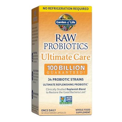 Raw Probiotics - 100 Billion CFU, Shelf Stable, 30 Capsules - For Men and Women, Digestive Enzymes, Clinically Studied Strains - by Garden of Life
