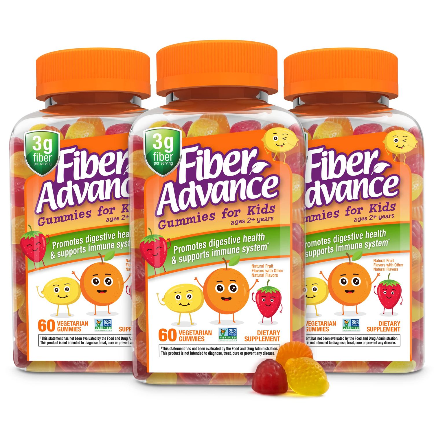 Fiber Advance Gummies | 100% Plant Based Fiber Supplement for Digestive Health | Chicory Root Inulin Prebiotic Fiber Gummies | Gluten Free, Vegetarian, &amp; Non-GMO (Kids 3-Pack)