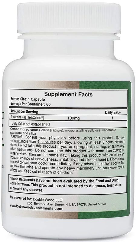 Theacrine (Teacrine) 100 Mg, 60 Capsules - Energy and Focus Supplement (Similar to Caffeine Pills but More Subtle and Longer Lasting) Non-GMO and Gluten Free by Double Wood