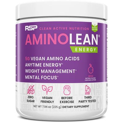 RSP AminoLean - All-in-One Natural Pre Workout, Amino Energy, Weight Management - Vegan BCAAs, Preworkout for Men &amp; Women, Acai, 25 Serv
