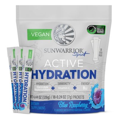 Sunwarrior Hydration Powder Electrolyte Packets Powder | Blue Raspberry Flavored | 18 Stick Packs 126g Pouch | Vegan and Plant-Based Sugar Free | B12 Elderberry and Electrolytes | Active Hydration