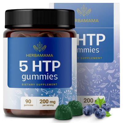 HERBAMAMA 5-HTP Brain Gummies - 5-HTP 200 mg Supplement for Brain Health &amp; Calm Support - Vegan, Gelatin-Free, Non-GMO - 90 Blueberry-Flavored 5-Hydroxytryptophan Chews