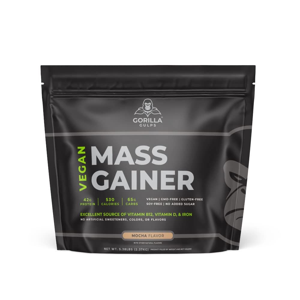 Gorilla Gulps - Mocha Vegan Mass Gainer - 5 lb Natural High Calorie Protein Powder - GMO, Gluten, Dairy, &amp; Soy Free. No Artificial Ingredients - 530 Calories - 18 Servings
