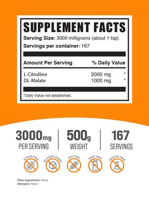 BulkSupplements.com L-Citrulline Malate 2:1 Powder - L Citrulline Malate Supplement, Citrulline Malate Powder - Unflavored & Gluten Free - 3g per Servings, 500g (1.1 lbs) (Pack of 1)