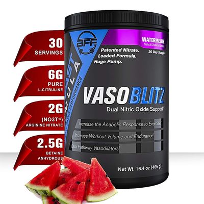 VASOBLITZ Award Winning Dual Nitric Oxide Pre Workout with NO3T Arginine Nitrate,L-Citrulline,Betaine Anhydrous,Calcium Lactate,Caffeine Free for Muscular Endurance(30 Serving) (Watermelon)