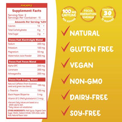FocusFuel Energy Chews - Focus + Energy Gummies, 100mg Caffeine per 2 Gummies, Includes B12, Magnesium, Electrolytes, All-Natural Ingredients (Pineapple - 30 Chews, 3.17oz)