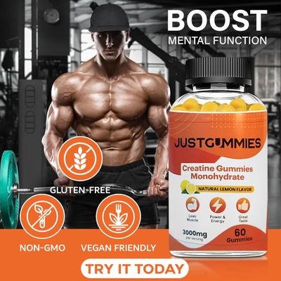 JustGummies Creatine Monohydrate Gummies 3000 mg Per Serving | Creatine Infused Gummies to Increase Strength and Build Muscle, Vegan, Lemon Flavor, 60 Count