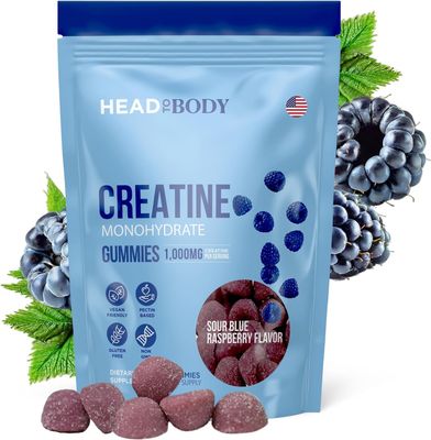 HEADTOBODY Vegan Creatine Gummies - Non-Melting 1000mg Monohydrate Chewables for Strength, Muscle, Focus, Endurance - Non-GMO Creatine Supplements for Men &amp; Women - Blue Raspberry, 90 Count