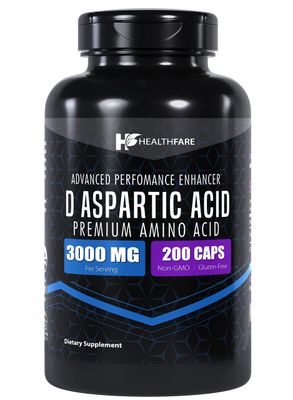 Healthfare D-Aspartic Acid (DAA) 3000mg | 200 Capsules | DAA Premium Amino Acid | Non-GMO, Gluten Free Supplement