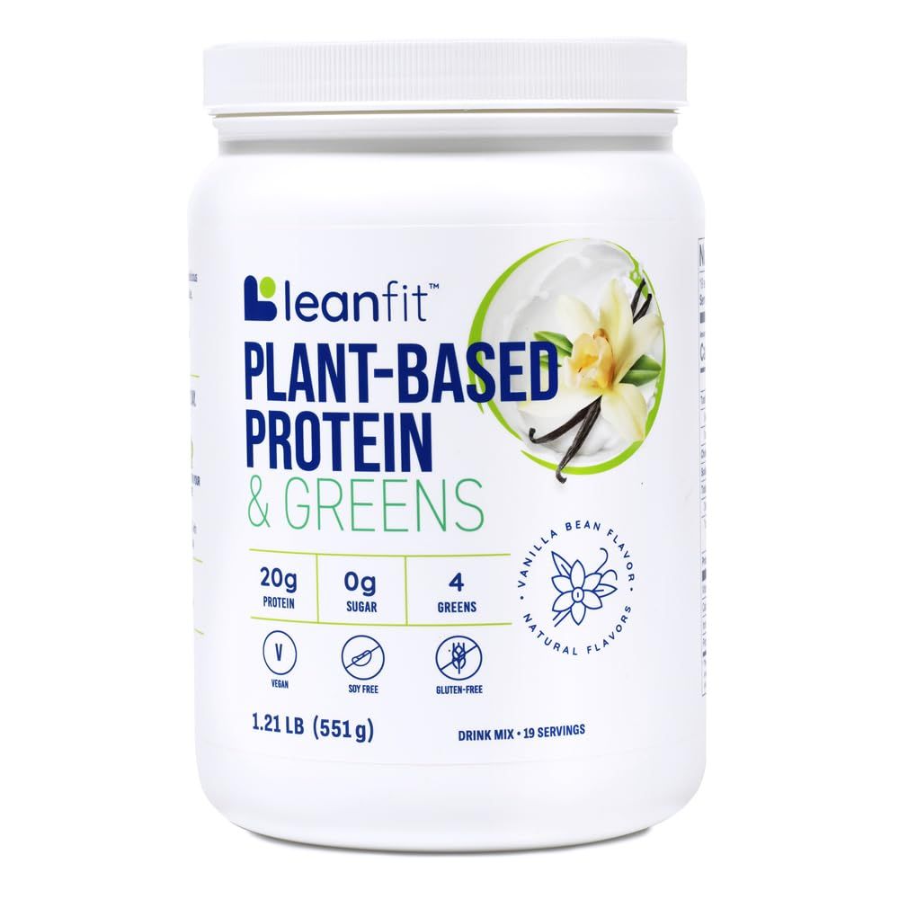 LeanFit Plant-Based Protein &amp; Greens Natural Vanilla - 20g Plant Protein + 4 Leafy Greens Per Serving - Vegan, Gluten-Free, Soy-Free, No Sugar - 19 Servings, 1.21 Pound Tub