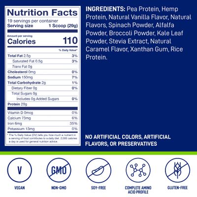 LeanFit Plant-Based Protein &amp; Greens Natural Vanilla - 20g Plant Protein + 4 Leafy Greens Per Serving - Vegan, Gluten-Free, Soy-Free, No Sugar - 19 Servings, 1.21 Pound Tub