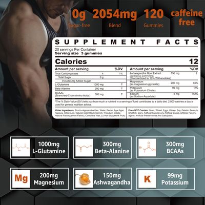 L-Glutamine 1000mg Gummies, 2054mg Pre and Post Workout Gummies,With Beta-Alanine,BCAAs,Magnesium Glycinate,Potassium,Ashwagandha,Promotes Muscle Recovery &amp; Growth,Endurance,Immune,Sugar Free, 120 Ct