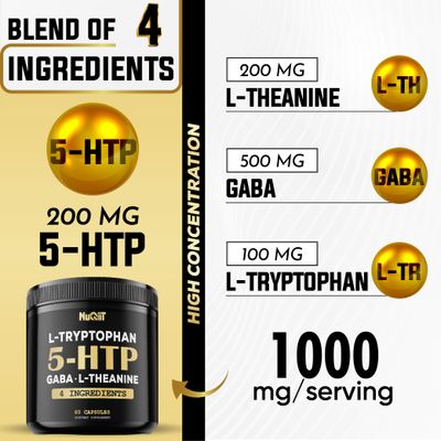 NUQIIT 5 HTP 200mg GABA 500mg L-Theanine 200mg L-Tryptophan 100mg Supplement - Support Brain, Circulation Health, Concentration & Rest Well - 60 Capsules for 1 Month - 4in1 Premium Blend