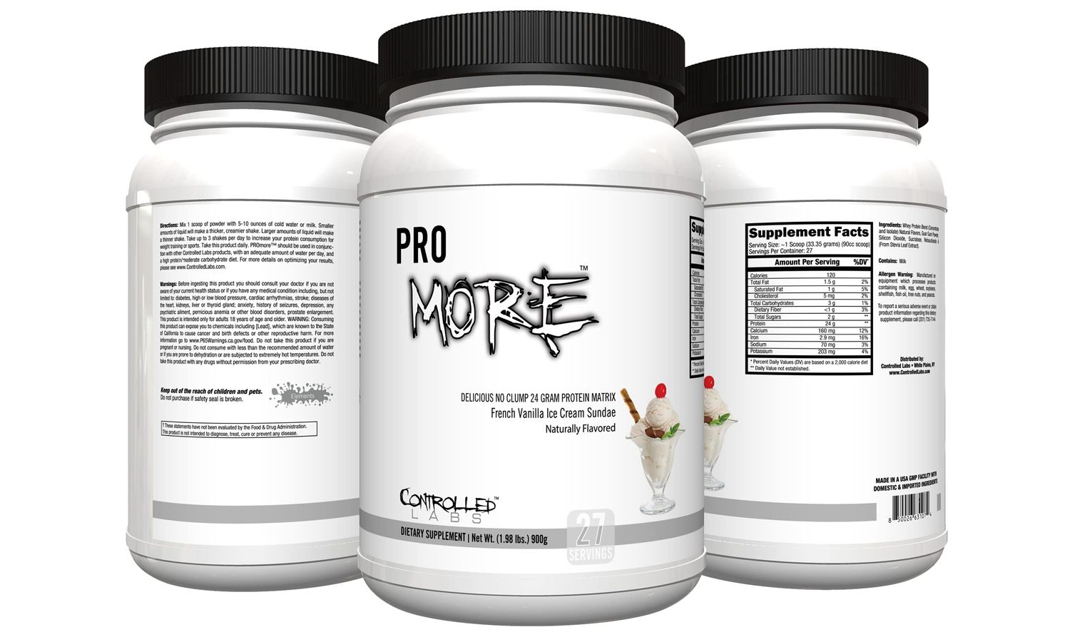 CONTROLLED LABS PROmore Protein Powder (27 Servings) - 24g Protein Per Scoop - 94% Sugar-Free, Premium Smooth-Drink Formula (Chocolate Ice Cream Sundae) (27 Servings, French Vanilla Ice Cream Sundae)