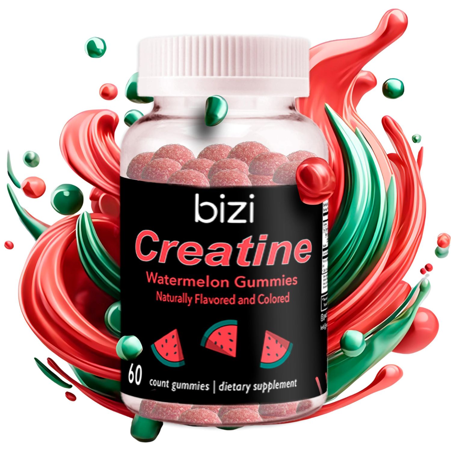 Bizi Creatine Watermelon Gummies for Men &amp; Women, Creatine Monohydrate Gummies, Watermelon Flavor Creatine Gummy, Workout, Muscle Growth, &amp; Recovery Supplement, Vegan &amp; Gluten Free (60 ct)