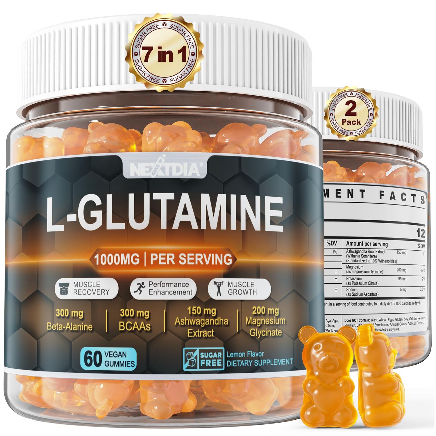L-Glutamine 1000mg Gummies, 2054mg Pre and Post Workout Gummies,With Beta-Alanine,BCAAs,Magnesium Glycinate,Potassium,Ashwagandha,Promotes Muscle Recovery &amp; Growth,Endurance,Immune,Sugar Free, 120 Ct