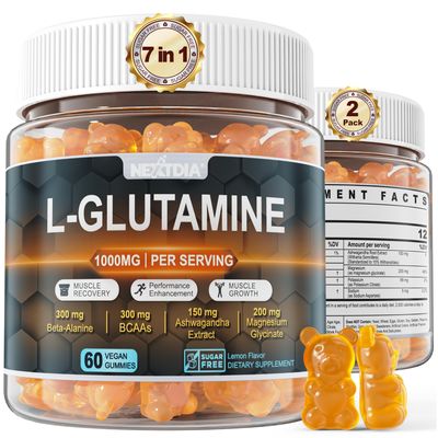 L-Glutamine 1000mg Gummies, 2054mg Pre and Post Workout Gummies,With Beta-Alanine,BCAAs,Magnesium Glycinate,Potassium,Ashwagandha,Promotes Muscle Recovery &amp; Growth,Endurance,Immune,Sugar Free, 120 Ct
